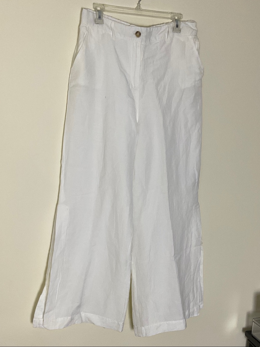 Boston Proper White Wide-Leg Cotton-Linen Chinos Side Slit